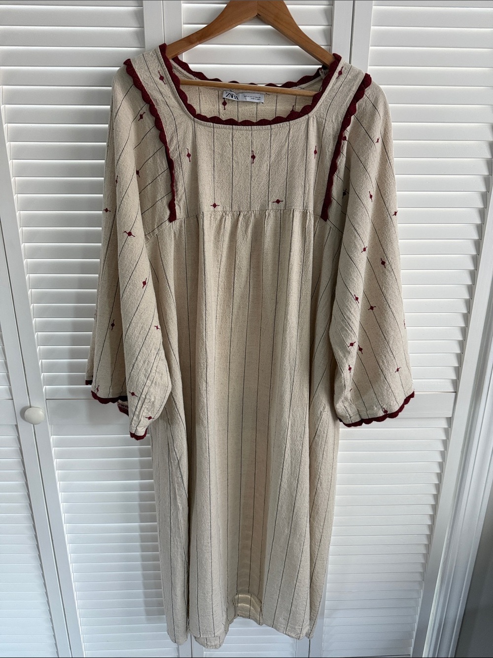 Zara Cream Midi Dress with Burgundy Trim
